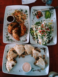 Bottom: Chipotle Chicken Quesadillas / Left: BBQ Pork Empanada / Right: Steak Burrito